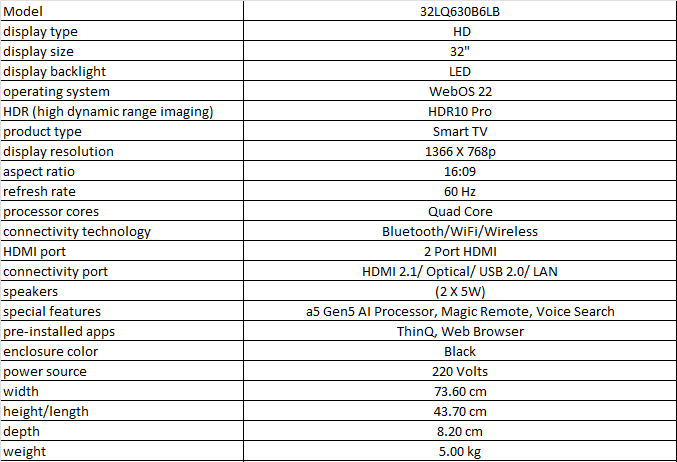 TV LED - LG 32LQ630B6LA, 32 pulgadas, HD, Procesador a5 Gen 5 con IA -  Electrodomèstics Creixell