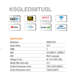 Super General 58” TV UHD / Smart / Built-in receiver / 2USB / 3HDMI / 60Hz - (KSGLED58TUSNL)