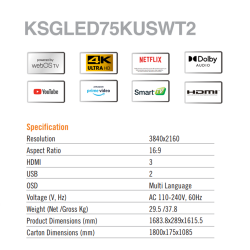 Super General 75” TV UHD / Smart / Built-in receiver / 2USB / 3HDMI / 60Hz - (KSGLED75KUSWT)