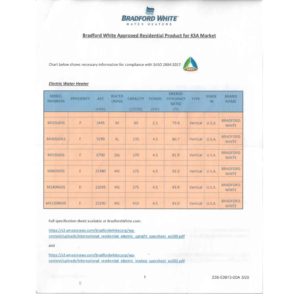 سخان مياه برادفورد وايت / 72 جالون (275لتر) / 4500وات - (RE280T6-DS11NDWW)