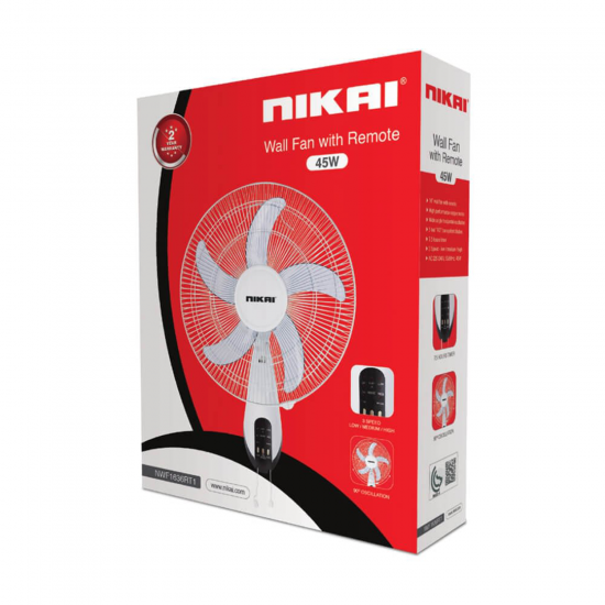 Nikai Wall Fan /16"/ Remote Control / 5 Plastic blades/ 3 Speed / 45W - (NWF1636RT1)